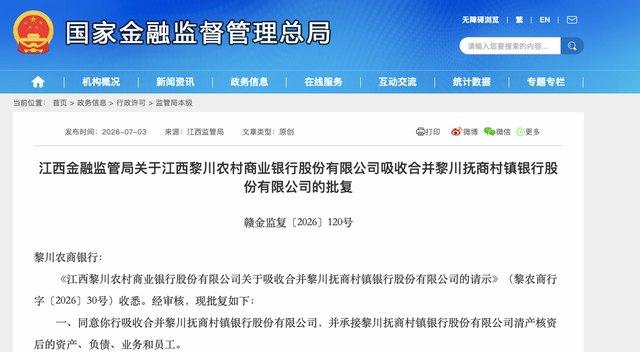 黎川农商银行正式获准吸收合并黎川抚商村镇银行